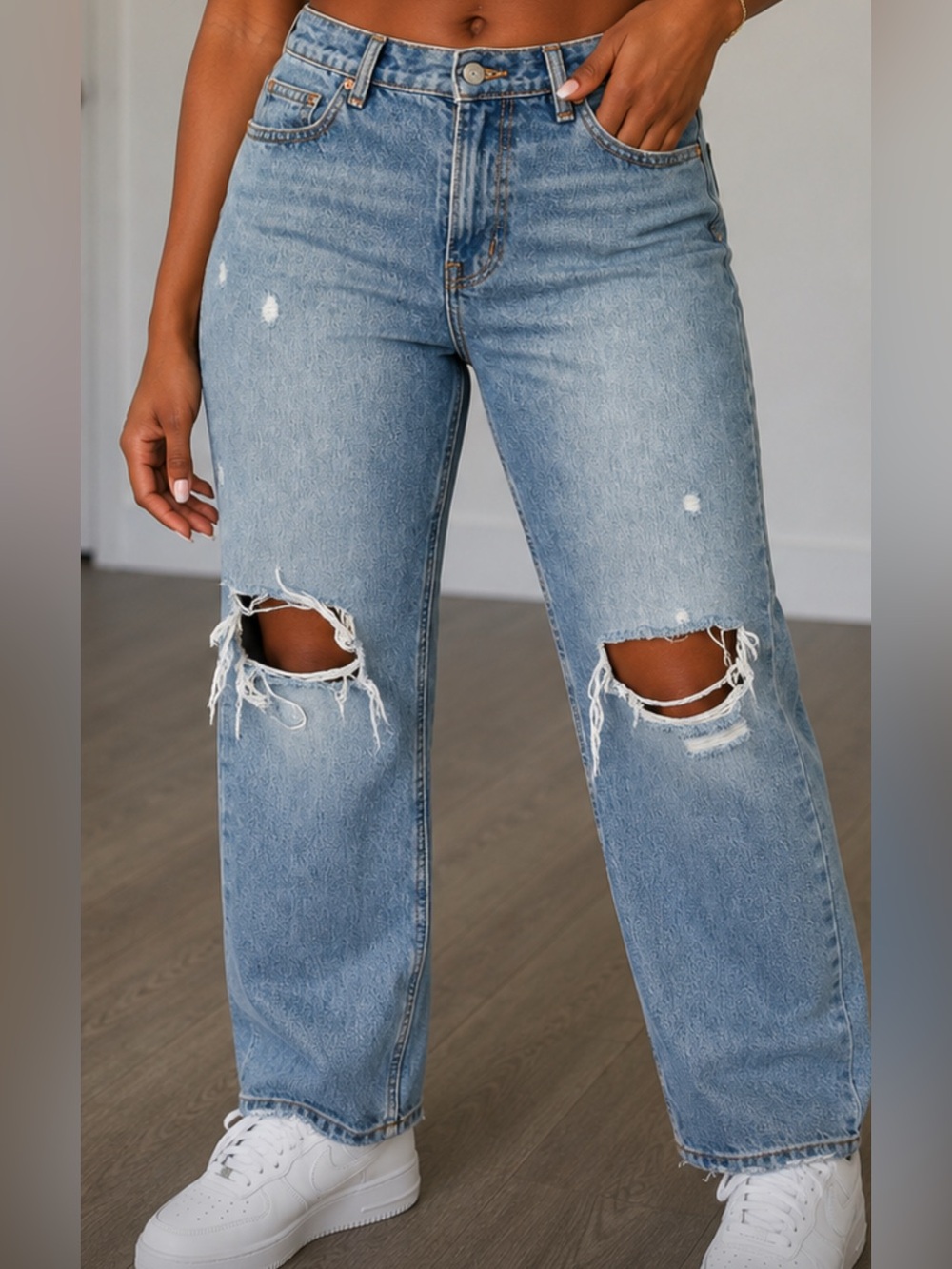 High-Rise Light Blue Distressed Straight-Leg Jeans